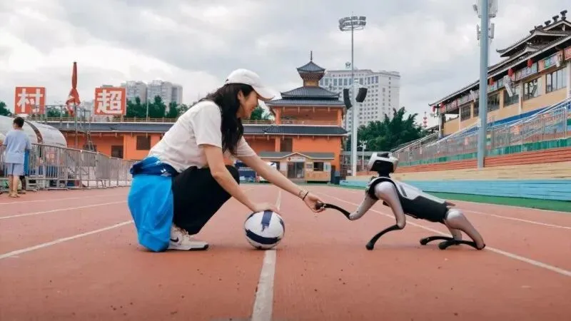 MagicDog Takes the Pitch: 13-DOF Quadruped Co-Kicks Off a Youth Football Final With a Former National Goalkeeper